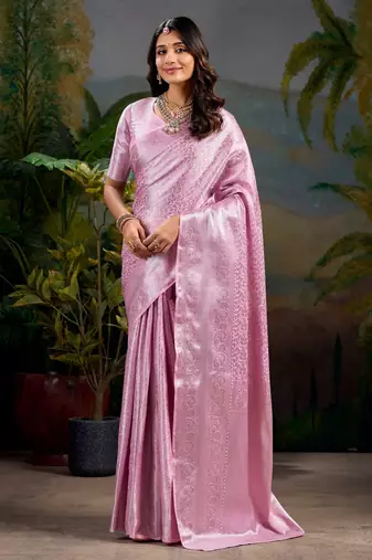 Baby pink art kanjivaram silk zari weaving saree with unstitched blouse