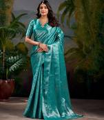 Firozi art kanjivaram silk zari weaving saree with unstitched blouse