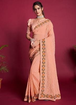 Peach Thread Work Georgette Saree With Blouse 1