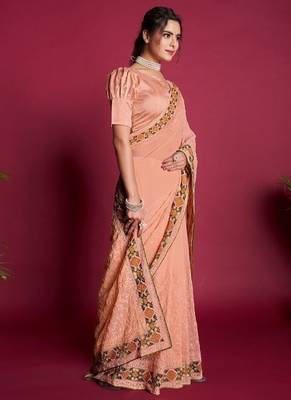 Peach Thread Work Georgette Saree With Blouse 2