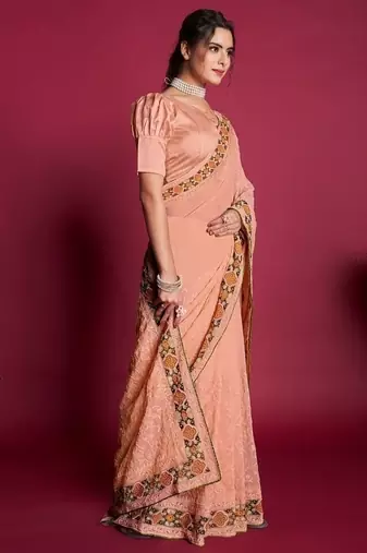 Peach Thread Work Georgette Saree With Blouse