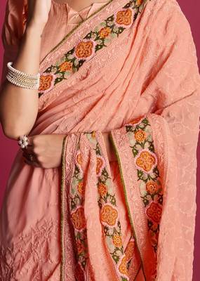 Peach Thread Work Georgette Saree With Blouse 3
