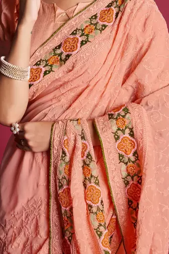 Peach Thread Work Georgette Saree With Blouse
