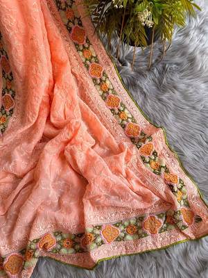 Peach Thread Work Georgette Saree With Blouse 4