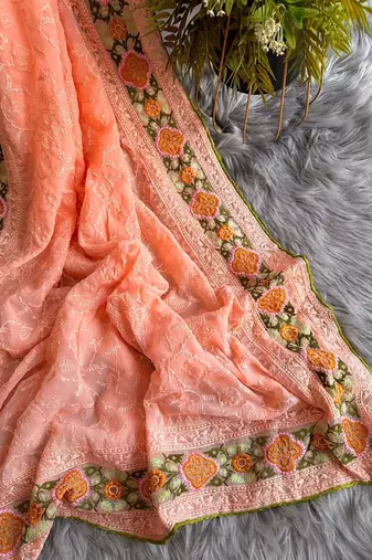 Peach Thread Work Georgette Saree With Blouse