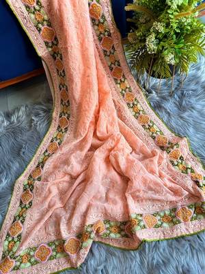 Peach Thread Work Georgette Saree With Blouse 5