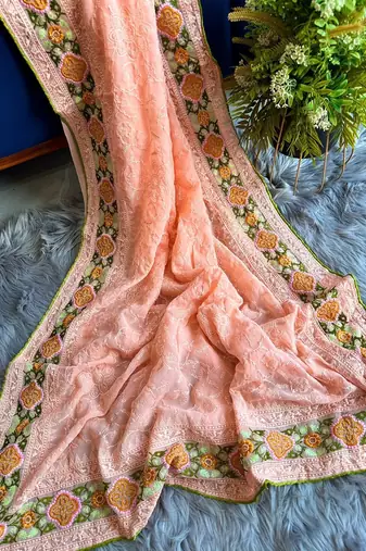 Peach Thread Work Georgette Saree With Blouse