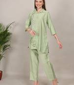 Green thread embroidery vertigan silk co-ord set