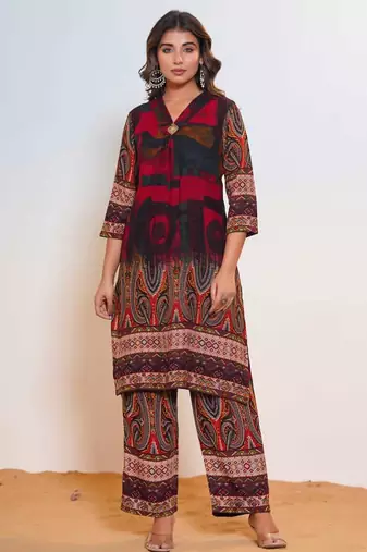 jade red printed blended kurta sets
