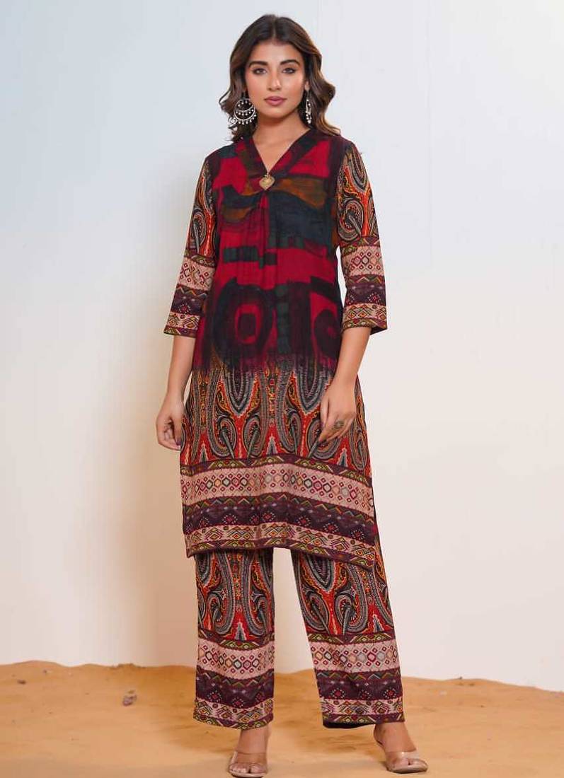 jade red printed blended kurta sets