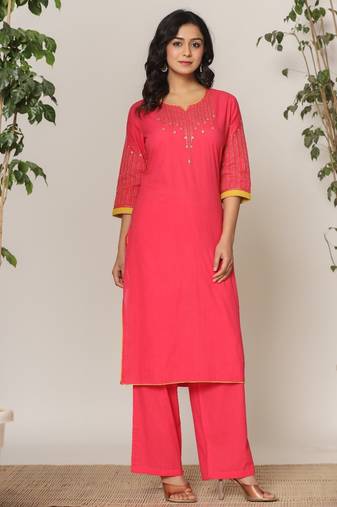 raspberry pink embroidered cotton kurta sets