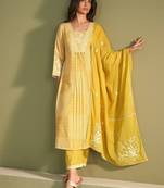 amber light yellow embroidered cotton kurta sets