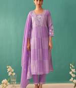 lilac purple embroidered cotton kurta sets