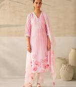 pink&white pink printed blended kurta sets