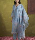 softblue blue embroidered blended kurta sets