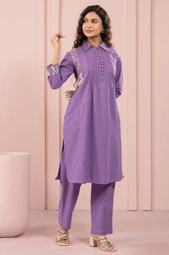 periwinkle purple embroidered cotton kurta sets