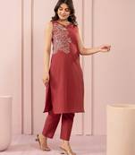 rustic red embroidered cotton kurta sets