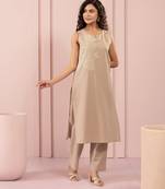 tan light brown embroidered cotton kurta sets