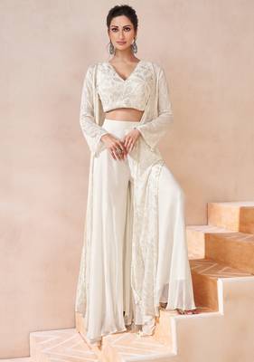 White embroidery & sequins work georgette blouse palazzo with jacket suit - full stitched suit 1