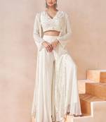 White embroidery & sequins work georgette blouse palazzo with jacket suit - full stitched suit