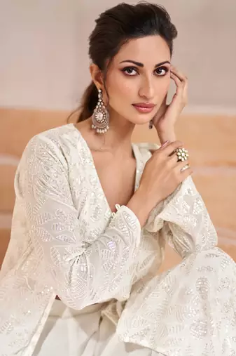 White embroidery & sequins work georgette blouse palazzo with jacket suit - full stitched suit
