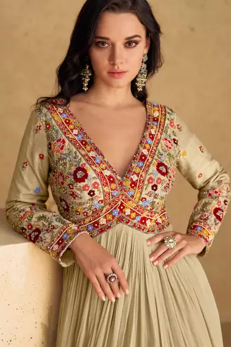 Fawn embroidered & sequins work georgette gown  suit - full stitched suit