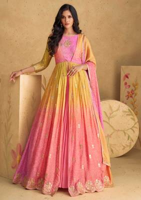 Multicolor embroidered & sequins work georgette gown  suit - full stitched suit 1