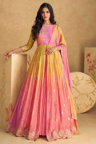 Multicolor embroidered & sequins work georgette gown  suit - full stitched suit