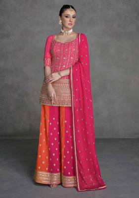 Pink embroidered & sequins work georgette straight palazzo suit - full stitched suit 1