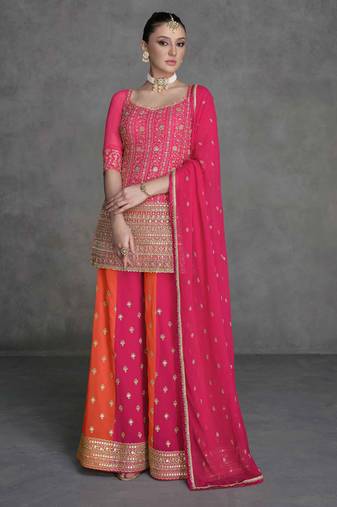 Pink embroidered & sequins work georgette straight palazzo suit - full stitched suit