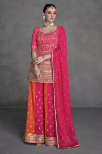 Pink embroidered & sequins work georgette straight palazzo suit - full stitched suit