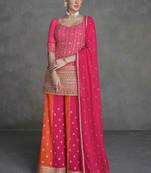 Pink embroidered & sequins work georgette straight palazzo suit - full stitched suit