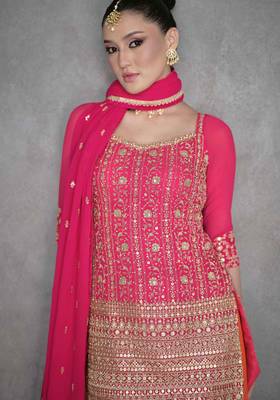 Pink embroidered & sequins work georgette straight palazzo suit - full stitched suit 2
