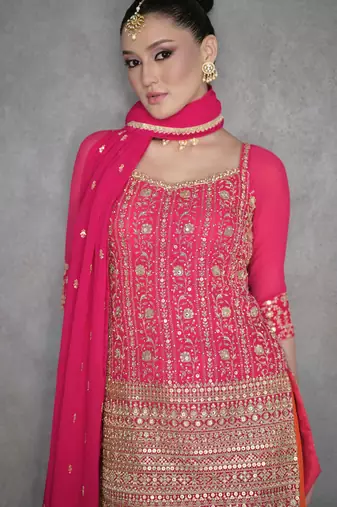 Pink embroidered & sequins work georgette straight palazzo suit - full stitched suit