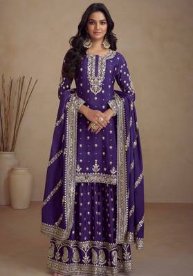Purple embroidered & sequins work chinnon straight palazzo suit - full stitched suit 1