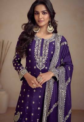 Purple embroidered & sequins work chinnon straight palazzo suit - full stitched suit 2