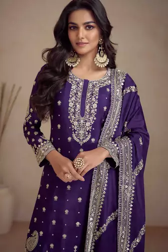 Purple embroidered & sequins work chinnon straight palazzo suit - full stitched suit