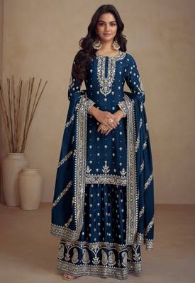 Teal blue embroidered & sequins work chinnon straight palazzo suit - full stitched suit 1