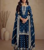 Teal blue embroidered & sequins work chinnon straight palazzo suit - full stitched suit