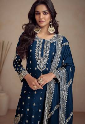 Teal blue embroidered & sequins work chinnon straight palazzo suit - full stitched suit 2
