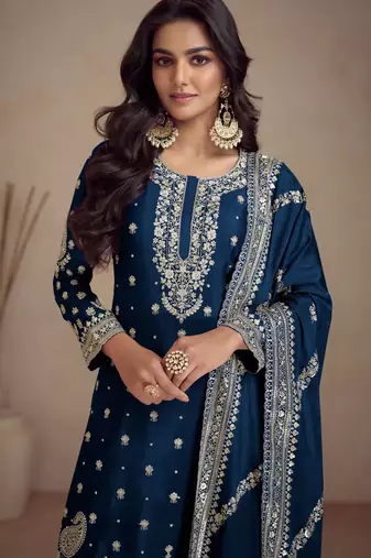 Teal blue embroidered & sequins work chinnon straight palazzo suit - full stitched suit