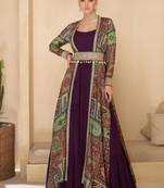 Wine embroidery & sequins work georgette gown with jacket suit - full stitched suit