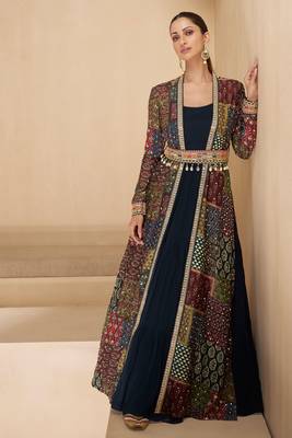 Blue embroidery & sequins work georgette gown with jacket suit - full stitched suit 1