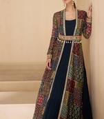 Blue embroidery & sequins work georgette gown with jacket suit - full stitched suit