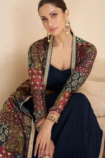 Blue embroidery & sequins work georgette gown with jacket suit - full stitched suit