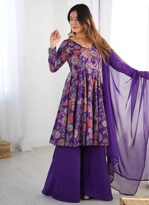 Purple romansilk with print kediya with palazzo suit 1