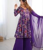 Purple romansilk with print kediya with palazzo suit