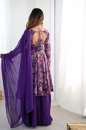 Purple romansilk with print kediya with palazzo suit