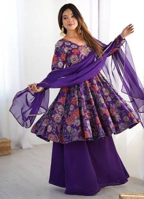 Purple romansilk with print kediya with palazzo suit 3