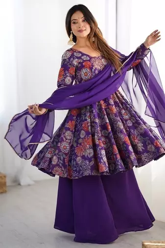 Purple romansilk with print kediya with palazzo suit